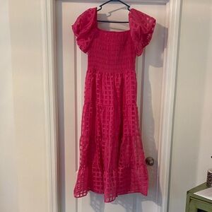 Smocked Puff-Sleeve Maxi Dress in Bright Pink